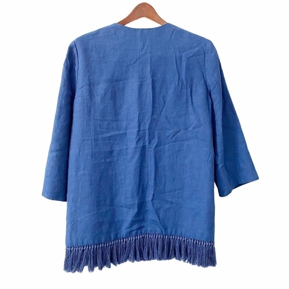 Tory Burch Emily Blue Fringe Trim Linen Blend Open Front Jacket Women’s Size 10 - Picture 4 of 8